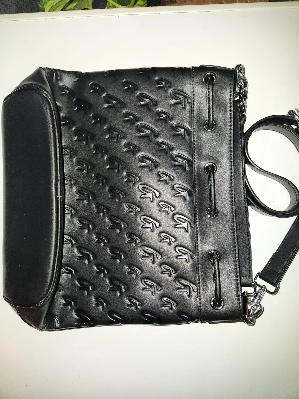 Embossed Black Crossbody Drawstring Bag